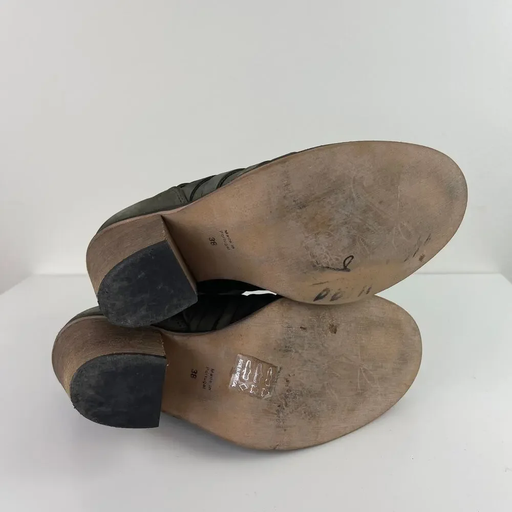 Free People Hybrid Gray Green Leather Strappy Ankle Boots Wood Heel 38 7.5/8